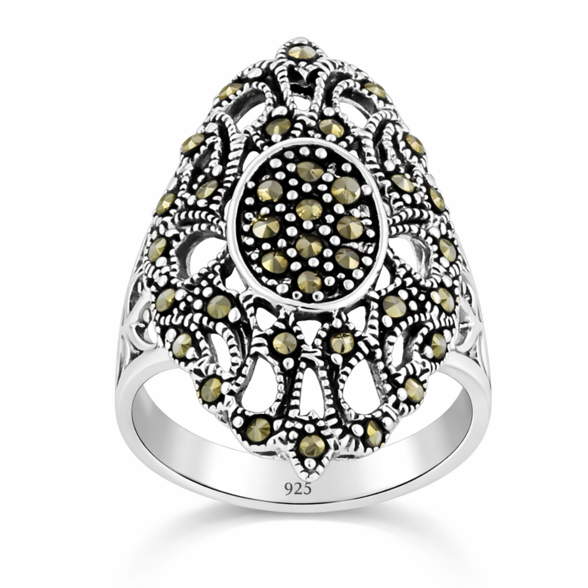 Victorie Swirl Marcasite Oval Ring in 925 sterling silver – main view