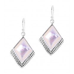 White Mother of Pearl Square Gem  Half Textured Dangle Hook Earring