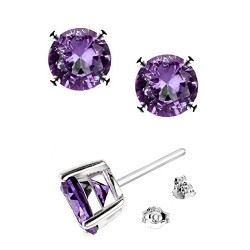.925 Sterling Silver Round Shape Purple Cubic Zirconia Stud Earrings