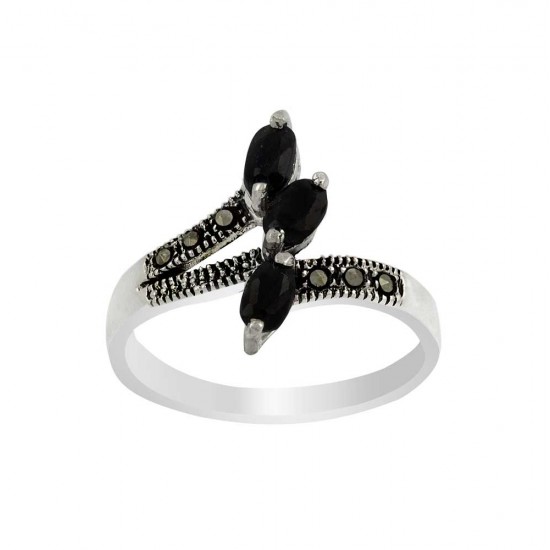 3 Genuine Black Sapphire Marcasite Women's Ring