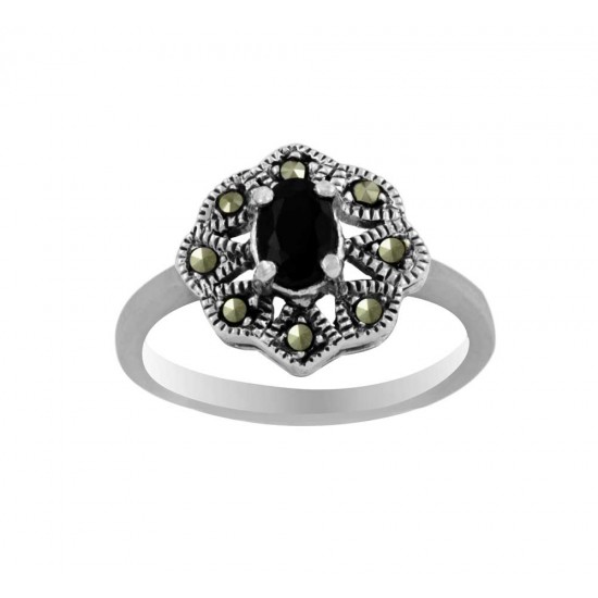 Double layer Flower Mercasite With Black Sapphire Women's Ring