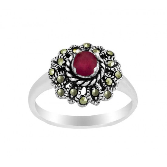 Genuine Ruby Marcasite Small Flower Women's Ring