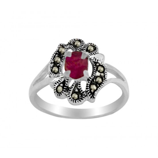 Genuine Ruby Vine Leaves Marcasite Women's Ring