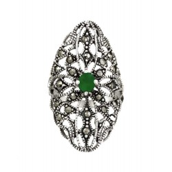 Marcasite Floral Women's Ring With Genuine Emerald.