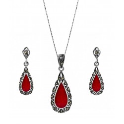 Victoria Teardrop Marcasite and Red Gem Pendant, Earring Set