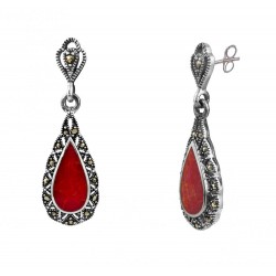 Victoria Teardrop Marcasite and Red Gem Pendant, Earring Set