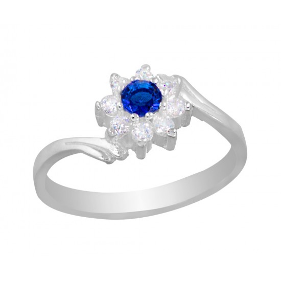 Round Dark Blue Crystal CZ Flower Ring